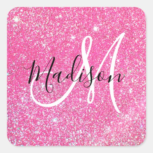 Girly Glam Hot Pink Glitter Sparkles Monogram Vierkante Sticker (Voorkant)