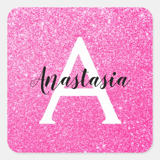 Girly Glam Hot Pink Glitter Sparkles Monogram Vierkante Sticker (Voorkant)