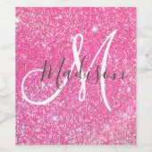 Girly Glam Hot Pink Glitter Sparkles Monogram Wijn Etiket (Enkel label)
