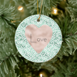 Girly Glam Mint White Leopard Print Blush Heart Keramisch Ornament