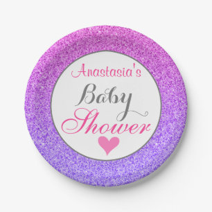 Girly & Glam Ombre Paars Pink Glitter Baby shower Papieren Bordje