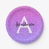 Girly Glam Ombre Paarse Glitter Sparkles Monogram Papieren Bordje (Voorkant)