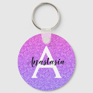 Girly Glam Ombre Paarse Glitter Sparkles Monogram Sleutelhanger