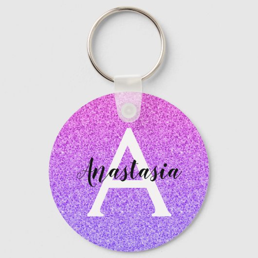 Girly Glam Ombre Paarse Glitter Sparkles Monogram Sleutelhanger (Voorkant)