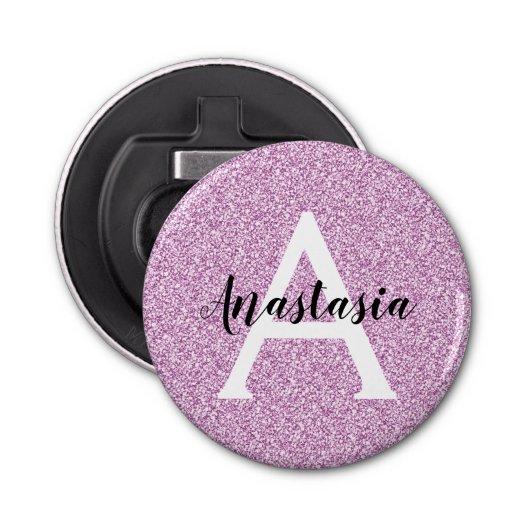 Girly Glam Paars Glitter Sparkles Monogram Button Flesopener (Voorkant)