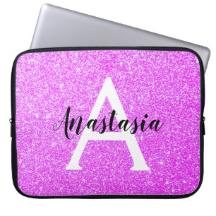 Girly Glam Paars Glitter Sparkles Monogram Laptop Sleeve