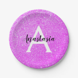 Girly Glam Paars Glitter Sparkles Monogram Papieren Bordje