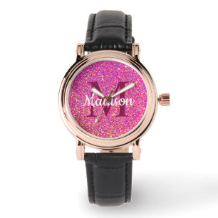 Girly Glam Pink Glitter Chic Monogram Naam Horloge