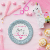 Girly Glam Pink Light Sky Blue Glitter Baby shower Papieren Bordje (Feest)