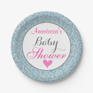 Girly Glam Pink Light Sky Blue Glitter Baby shower Papieren Bordje
