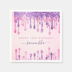 Girly Glam Pink Paars Glitter Drip 13th Birthday Servet