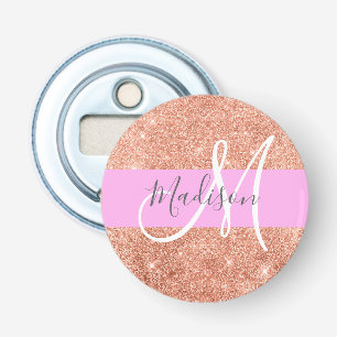 Girly Glam Pink Peach Gold Glitter Monogram Naam Button Flesopener