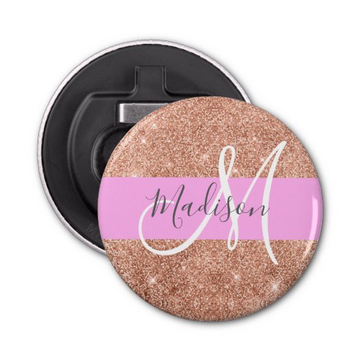 Girly Glam Pink Peach Gold Glitter Monogram Naam Button Flesopener (Voorkant)