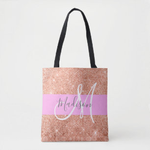 Girly Glam Pink Peach Gold Glitter Monogram Naam Draagtas