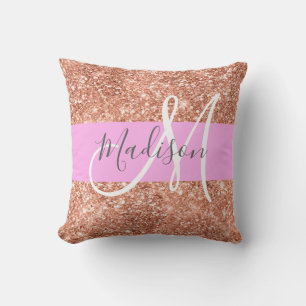 Girly Glam Pink Peach Gold Glitter Monogram Naam Kussen