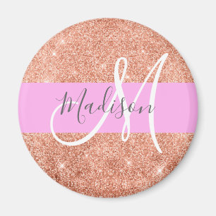 Girly Glam Pink Peach Gold Glitter Monogram Naam Magneet
