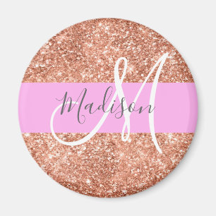 Girly Glam Pink Peach Gold Glitter Monogram Naam Magneet