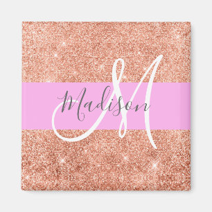 Girly Glam Pink Peach Gold Glitter Monogram Naam Magneet