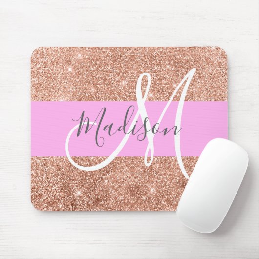 Girly Glam Pink Peach Gold Glitter Monogram Naam Muismat (Met muis)