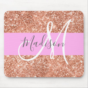 Girly Glam Pink Peach Gold Glitter Monogram Naam Muismat