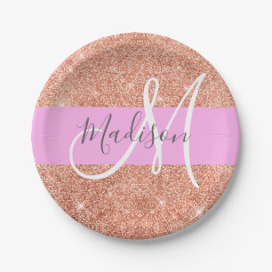 Girly Glam Pink Peach Gold Glitter Monogram Naam Papieren Bordje