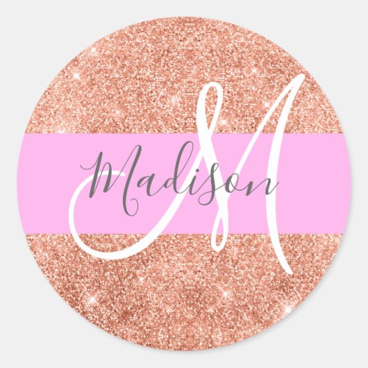 Girly Glam Pink Peach Gold Glitter Monogram Naam Ronde Sticker (Voorkant)