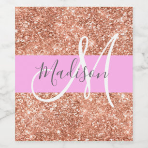 Girly Glam Pink Peach Gold Glitter Monogram Naam Wijn Etiket