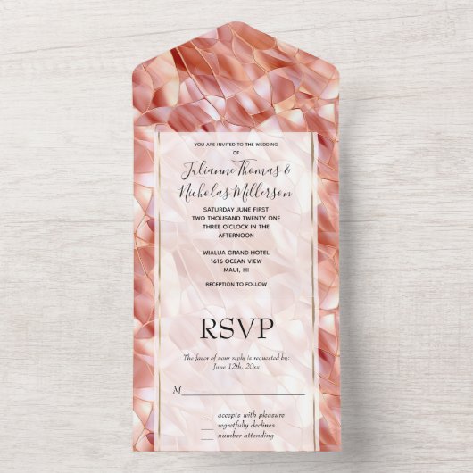 Girly Glam Pink Rose Gold Wedding All In One Uitnodiging (Binnen)