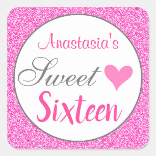 Girly Glam Princess Hot Pink Glitter Sweet Sixteen Vierkante Sticker