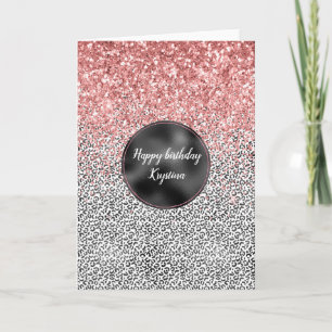 Girly Glam Roze Zwart Wit Luipaard Print Glitter Kaart