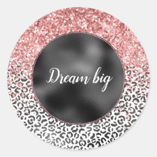 Girly Glam Roze Zwart Wit Luipaard Print Glitter Ronde Sticker