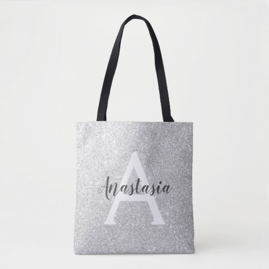 Girly Glam Silver Glitter Sparkles Monogram Draagtas (Voorkant)