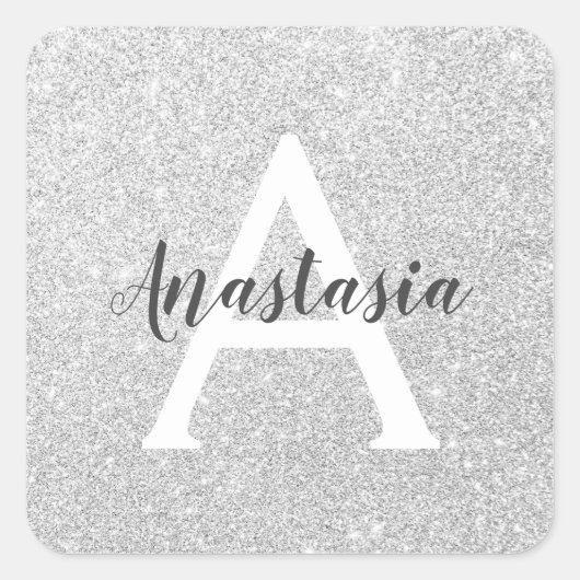 Girly Glam Silver Glitter Sparkles Monogram Vierkante Sticker (Voorkant)
