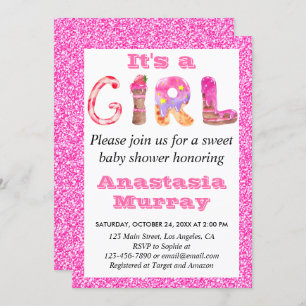 Girly Glam Sweet Hot Pink Glitter Girl Baby shower Kaart