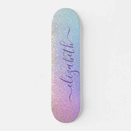 Girly Glitter Gold Confetti Personalized Rainbow Skateboard (Voorkant)