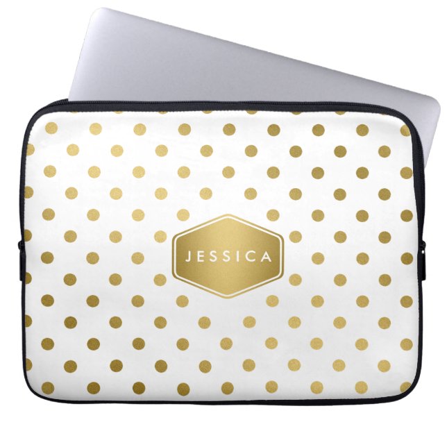 Girly Glitter Gold Polka Dots Pattern Monogram Laptop Sleeve (Voorkant)