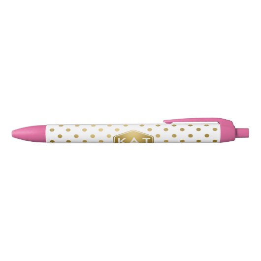 Girly Glitter Gold Polka Dots Pattern Monogram Zwarte Inkt Pen (Bovenkant)