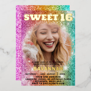 Girly Glitter Kleurrijke Sweet 16 Party Folie Uitnodiging