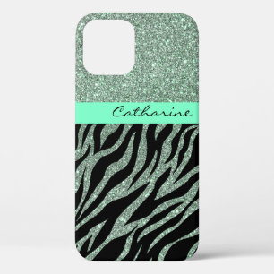 Girly Glitter Mint Groen Blauwgroen Dier Zebra Pat iPhone 12 Hoesje