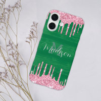 Girly Glitter Pink Green Drip Monogram Naam toevoe