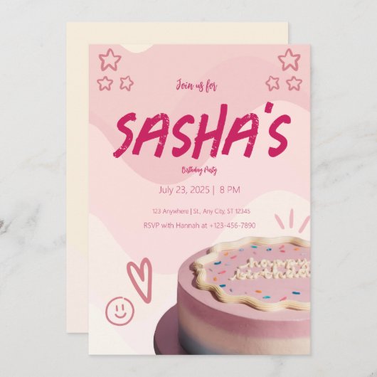 girly glitter roze schattig verjaardag uitnodiging (Voorkant / Achterkant)