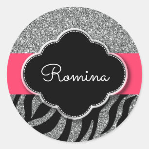 Girly Glitter Roze Zebra Patroon Gepersonaliseerde Ronde Sticker
