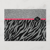 Girly Glitter Silver Pink Zebra Uw Initiaal toevoe Briefkaart (Voorkant)