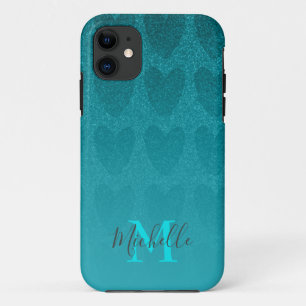 Girly Glitter Turqouise harten Hoesje-Mate iPhone 11 Hoesje