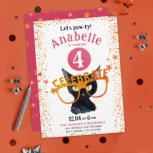 Girly Glitterige Roze Oranje Kat Pawty Waterverf Kaart