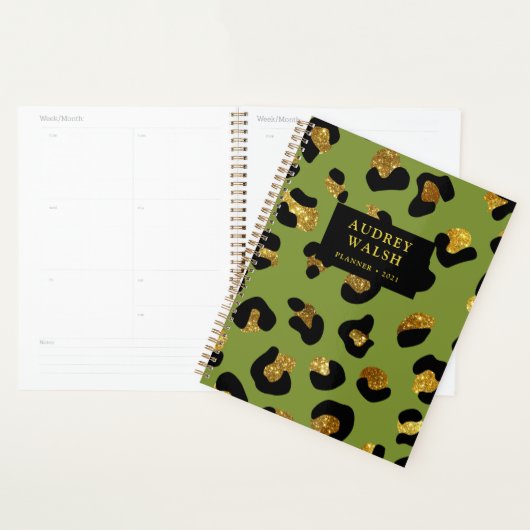 Girly Glittery Gold Green Leopard Print Luxe Planner (Display)
