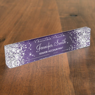 Girly Glittery Silver Donkere Violet Folie Naambordje