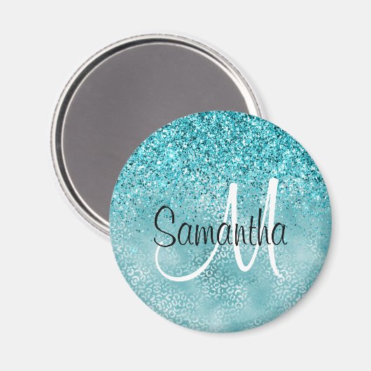 Girly Glitz Aqua Turquoise Glitter Leopard Print Magneet (Voorkant / Achterkant)