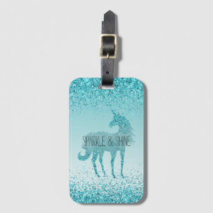 Girly Glitz Aqua Turquoise Glitter Unicorn Bagagelabel