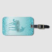 Girly Glitz Aqua Turquoise Glitter Unicorn Bagagelabel (Voorkant (horizontaal))
